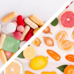 Ilustração mostrando alimentos comuns que podem interferir na absorção de medicamentos no organismo