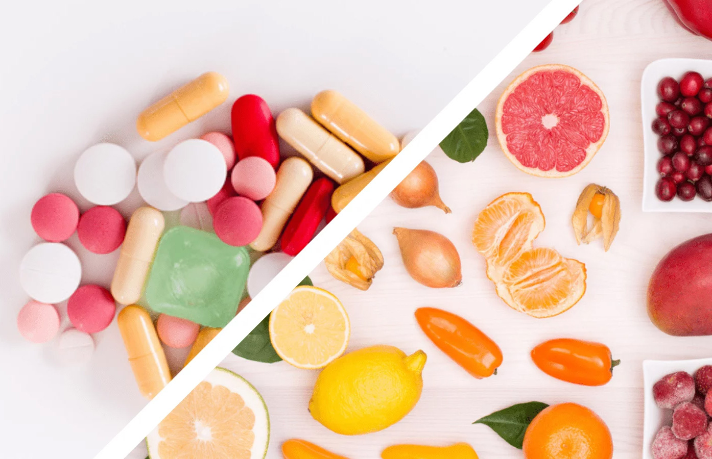 Ilustração mostrando alimentos comuns que podem interferir na absorção de medicamentos no organismo