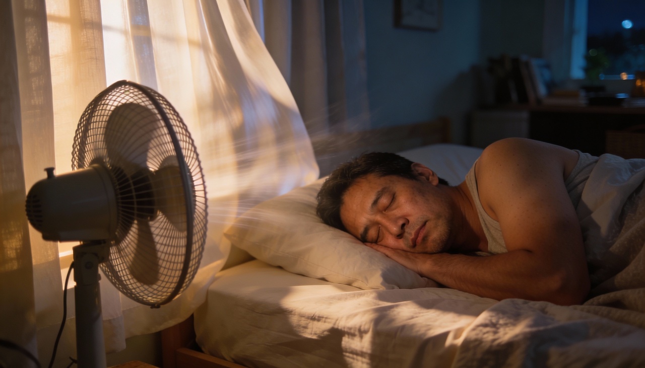 Pessoa dormindo com ventilador ligado durante a noite