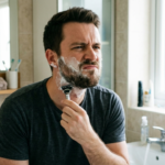 Close-up de um homem de barba fazendo uma careta de dor e desconforto visíveis enquanto se barbeia com um aparelho descartável em frente a um espelho de banheiro. Ele tem espuma de barbear no rosto e está olhando para seu reflexo.