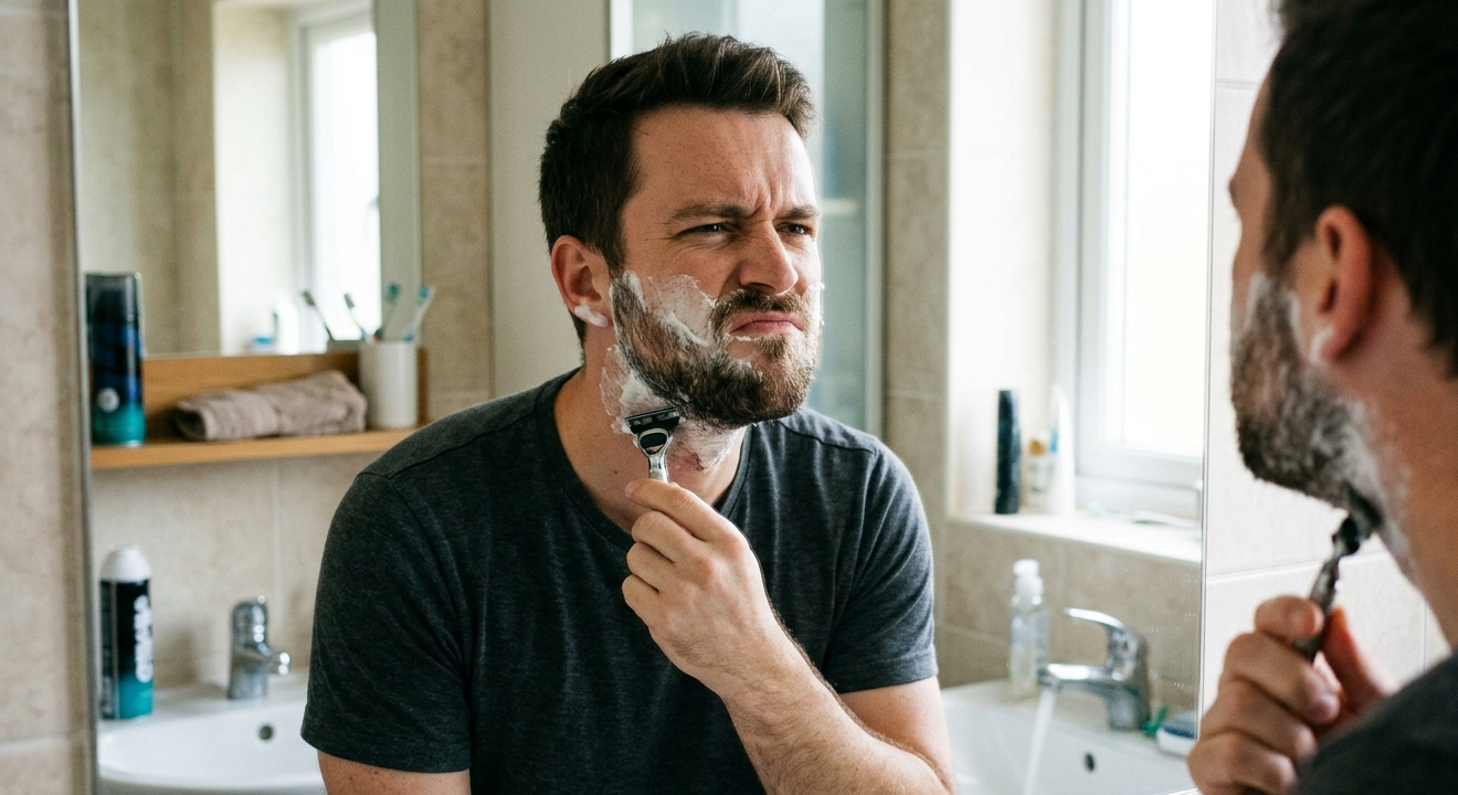 Close-up de um homem de barba fazendo uma careta de dor e desconforto visíveis enquanto se barbeia com um aparelho descartável em frente a um espelho de banheiro. Ele tem espuma de barbear no rosto e está olhando para seu reflexo.